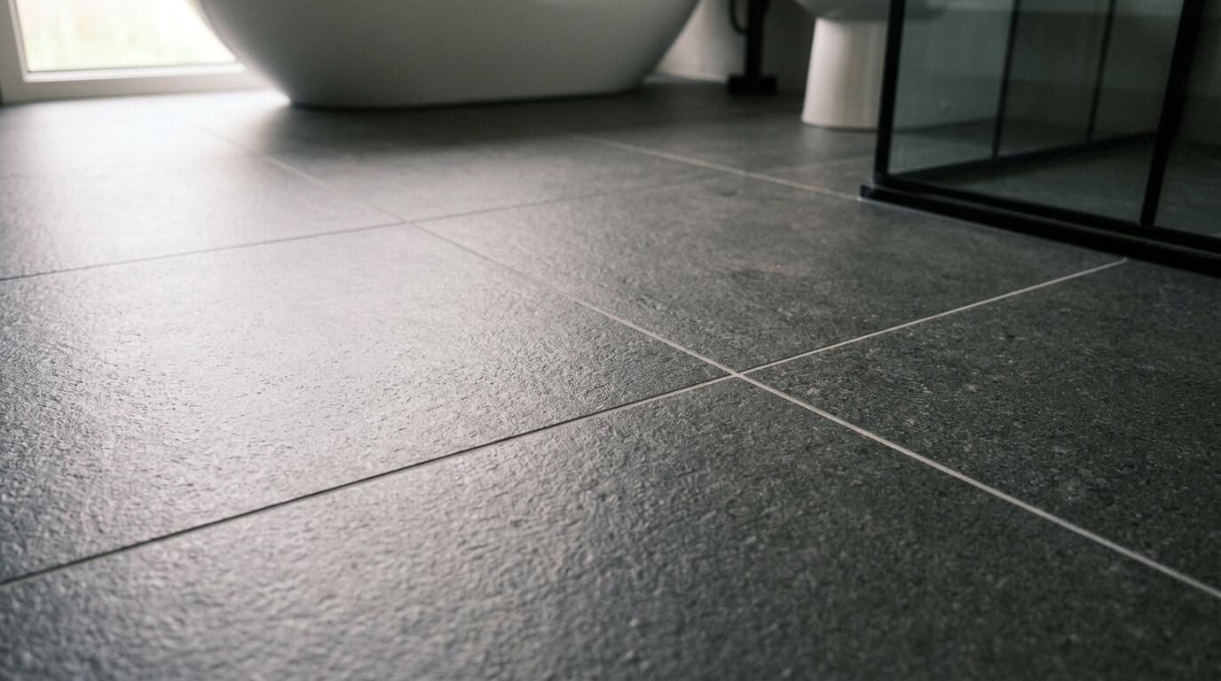 Banyo zeminlerinde su kaçağını önleyen ve güvenliği sağlayan R10 kaymazlık dereceli mat seramik uygulaması