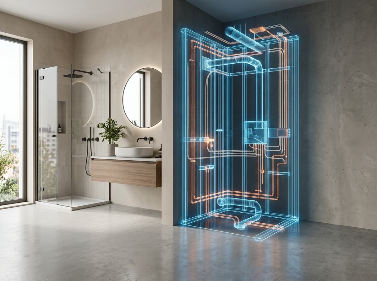Banyo tadilatı 3D sıhhi tesisat projelendirme kesiti.