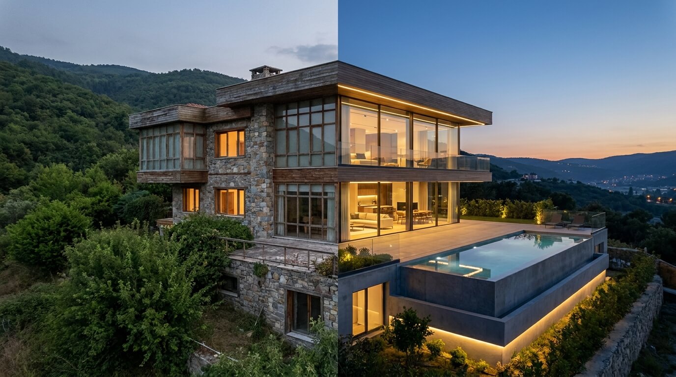Bursa Bademli villa tadilatı dış cephe öncesi ve sonrası