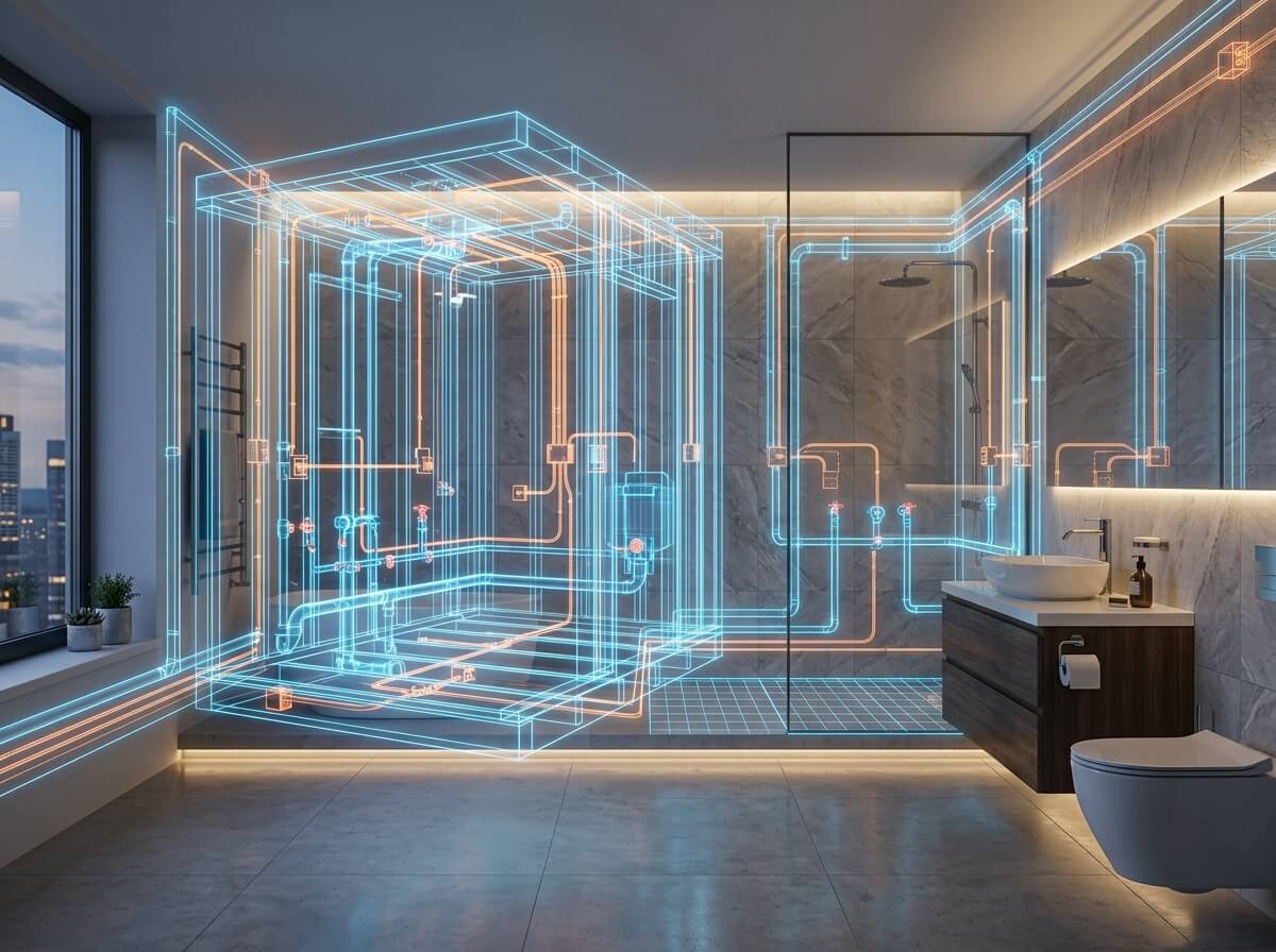 Lüks banyo tadilatı projelerinde sıhhi tesisat altyapısını ve statik sınırları gösteren 3D holografik mimari projelendirme kesiti